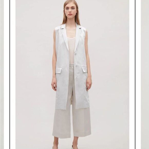 COS Sleeveless Satin Linen Blend Sleeveless Blazer Long Line Vest Trench 8 Ivory - Picture 1 of 16